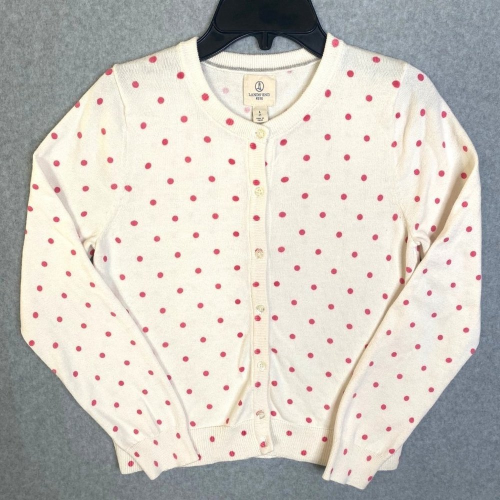 Lands End Kids Size L  Polka Dot Ivory Cream Pink Cardigan Sweater Long Sleeve